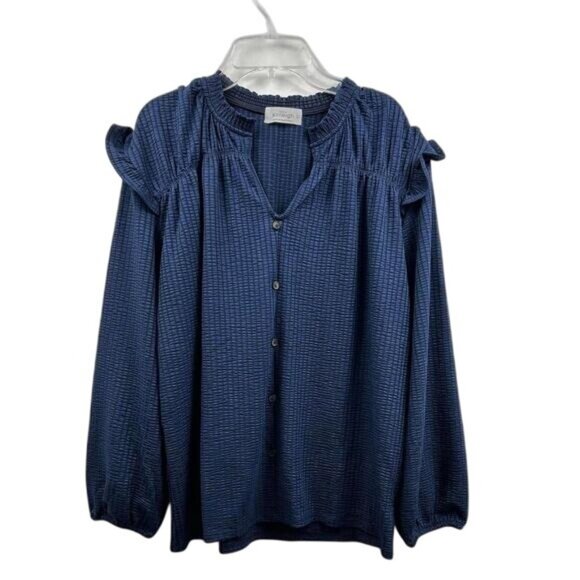 Kaileigh Blouse Womens Large Navy Ruffle Faux Button Long Sleeve Textured Boho - Picture 1 of 6